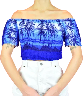 00s 00s Dark Blue Tropical Off The Shoulder Crop Top by InGear