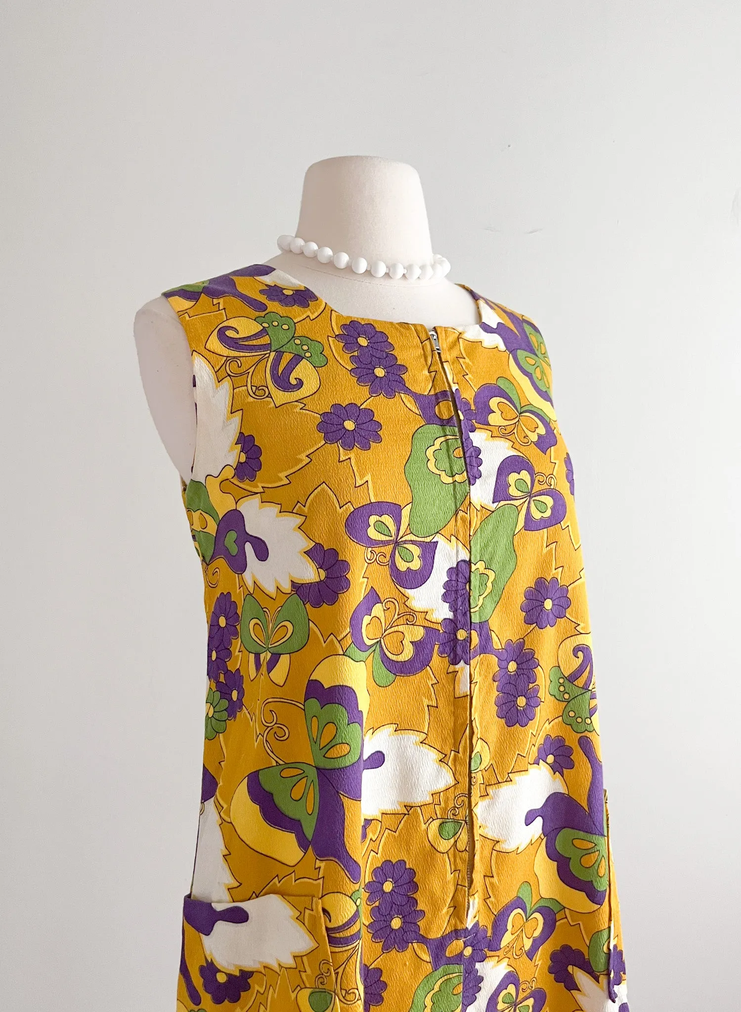 1960's Golden Butterfly Hawaiian Trapeze Dress / Sz M