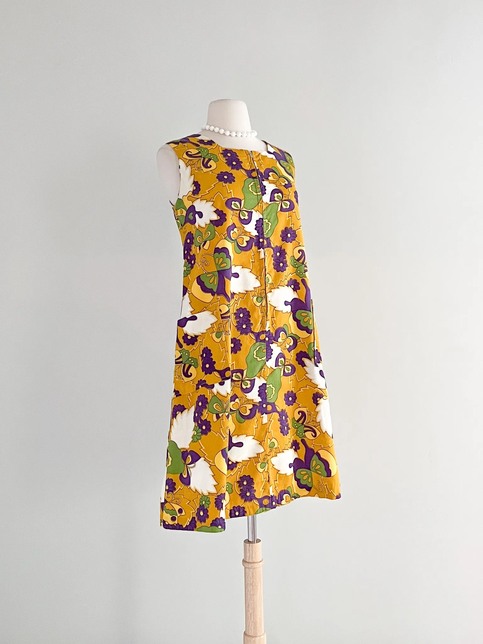 1960's Golden Butterfly Hawaiian Trapeze Dress / Sz M