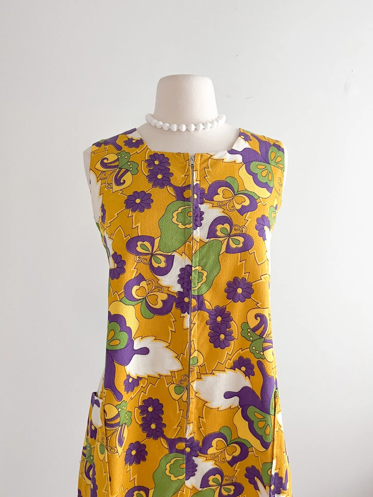 1960's Golden Butterfly Hawaiian Trapeze Dress / Sz M