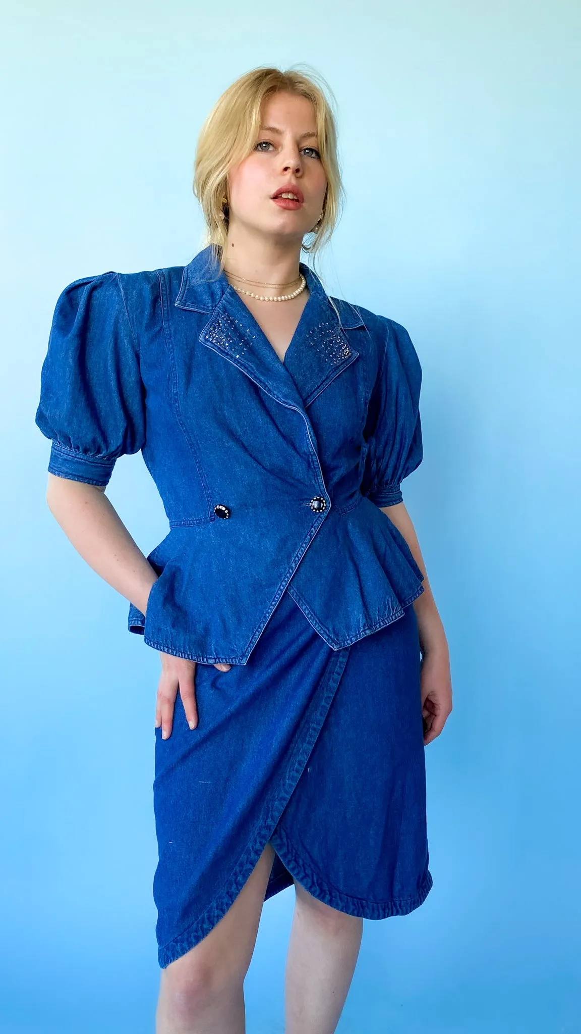 1980s I. Magnin Denim Blouse & Skirt Set, sz. S