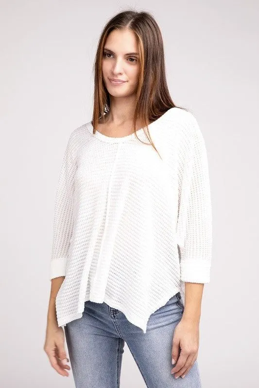 3/4 Sleeve V-Neck Hi-Low Hem Jacquard Sweater