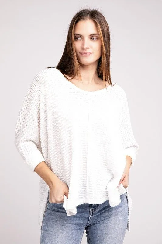 3/4 Sleeve V-Neck Hi-Low Hem Jacquard Sweater