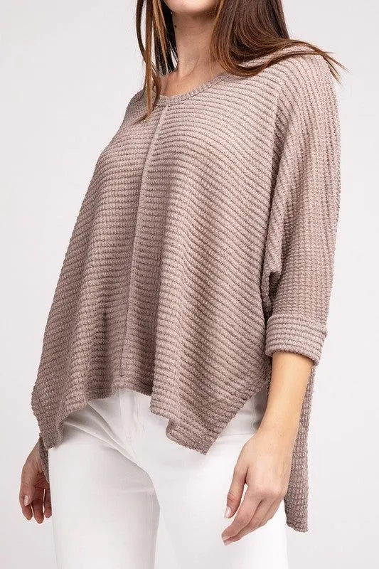 3/4 Sleeve V-Neck Hi-Low Hem Jacquard Sweater