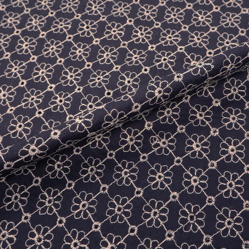 90CM REMNANT Cotton Broderie Anglaise - Navy - White Flower Lines