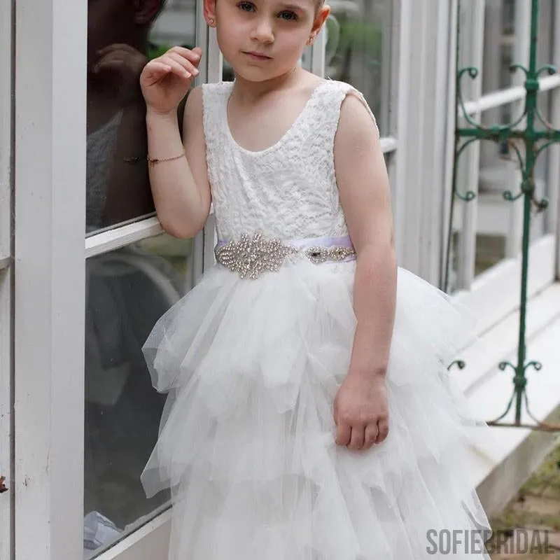 A-Line Ankle-Length Lace Top Tulle Flower Girl Dresses With Belt, FG098