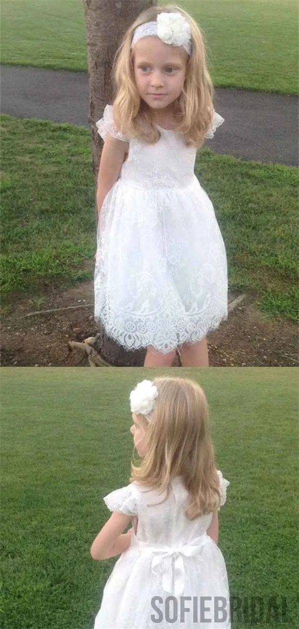 A-line Round Neck Cap Sleeves Knee-length Lace Flower Girl Dresses, FG0109