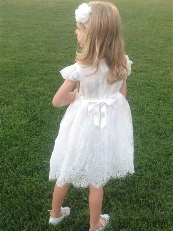 A-line Round Neck Cap Sleeves Knee-length Lace Flower Girl Dresses, FG0109