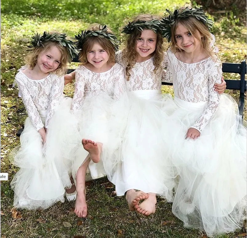 A-Line Round Neck Long Sleeves Ankle-Length Flower Girl Dresses with Lace, TYP1326