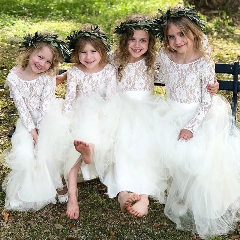 A-Line Round Neck Long Sleeves Ankle-Length Flower Girl Dresses with Lace, TYP1326