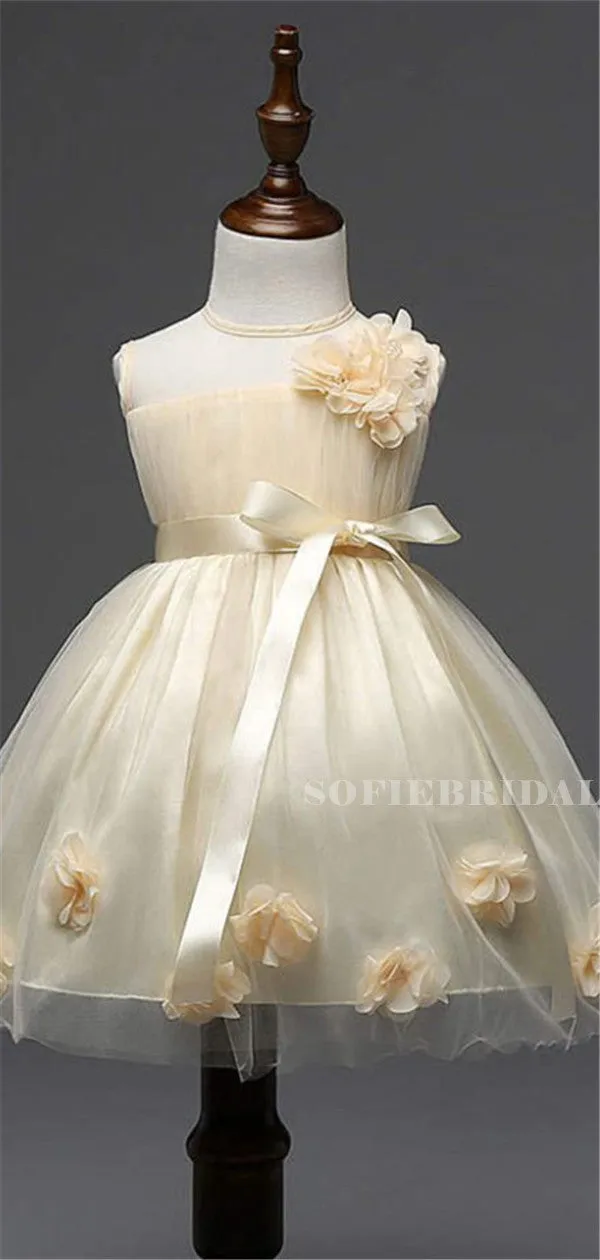 A-line Round Neck Sleeveless Long Tulle Flower Girl Dresses, FG0111