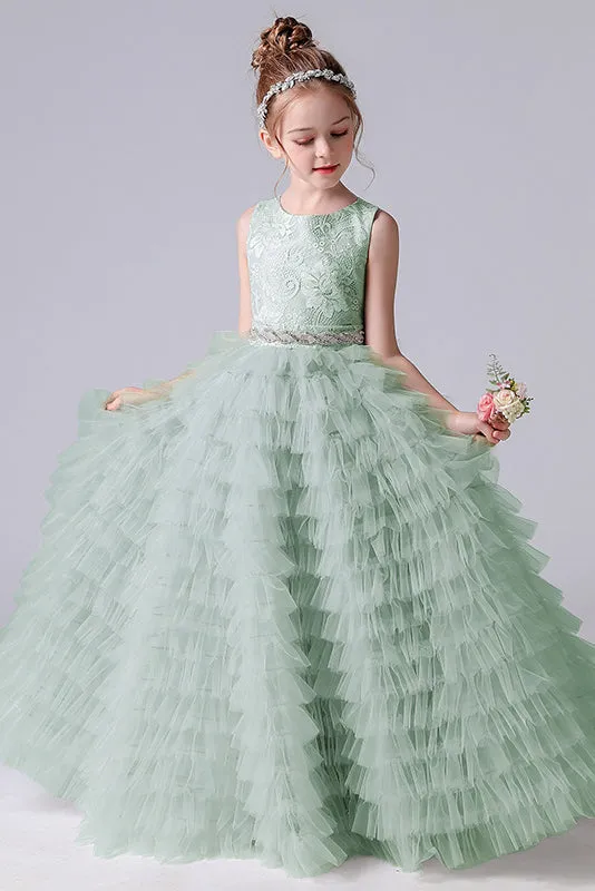 A-Line Sleeveless Tulle Layers Princess Flower Girl Gown With Belt