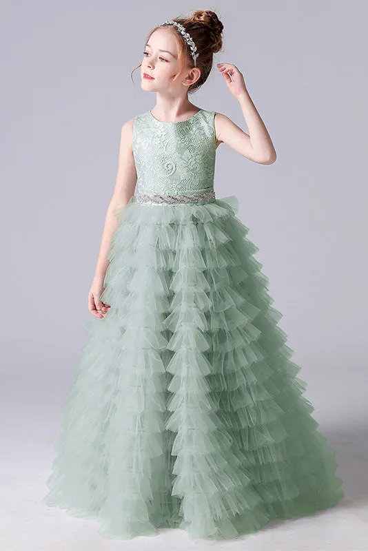 A-Line Sleeveless Tulle Layers Princess Flower Girl Gown With Belt