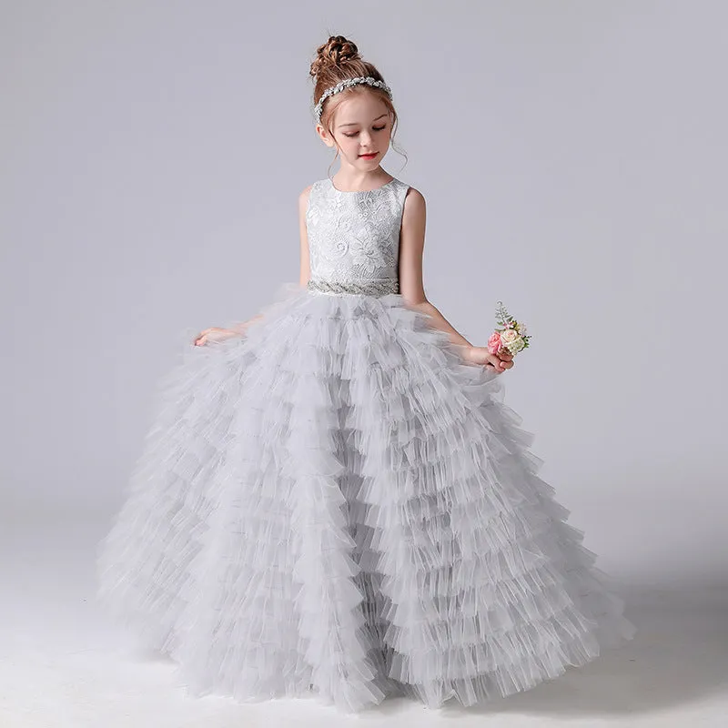 A-Line Sleeveless Tulle Layers Princess Flower Girl Gown With Belt