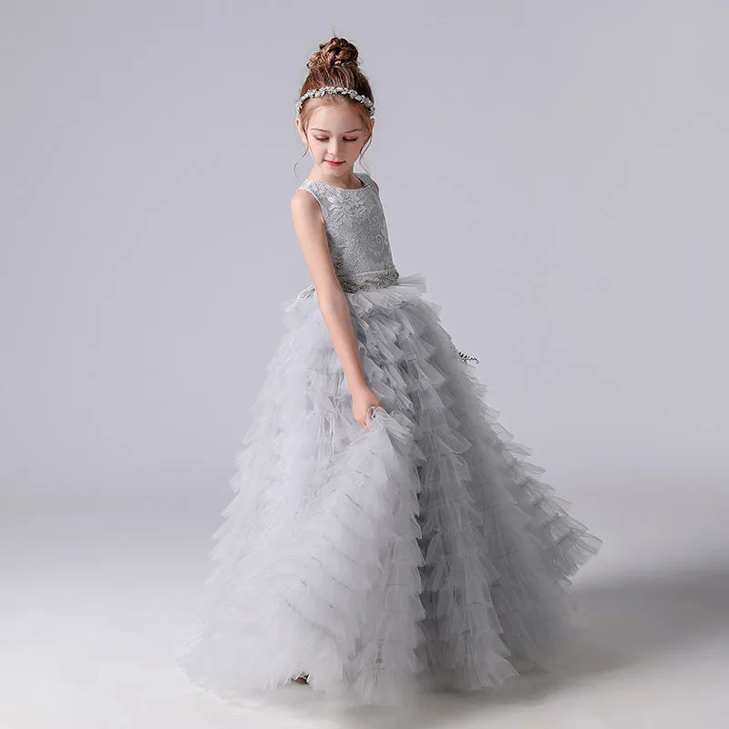 A-Line Sleeveless Tulle Layers Princess Flower Girl Gown With Belt