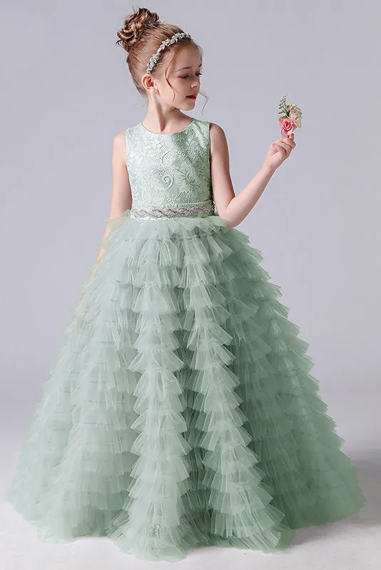 A-Line Sleeveless Tulle Layers Princess Flower Girl Gown With Belt