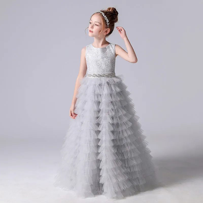 A-Line Sleeveless Tulle Layers Princess Flower Girl Gown With Belt