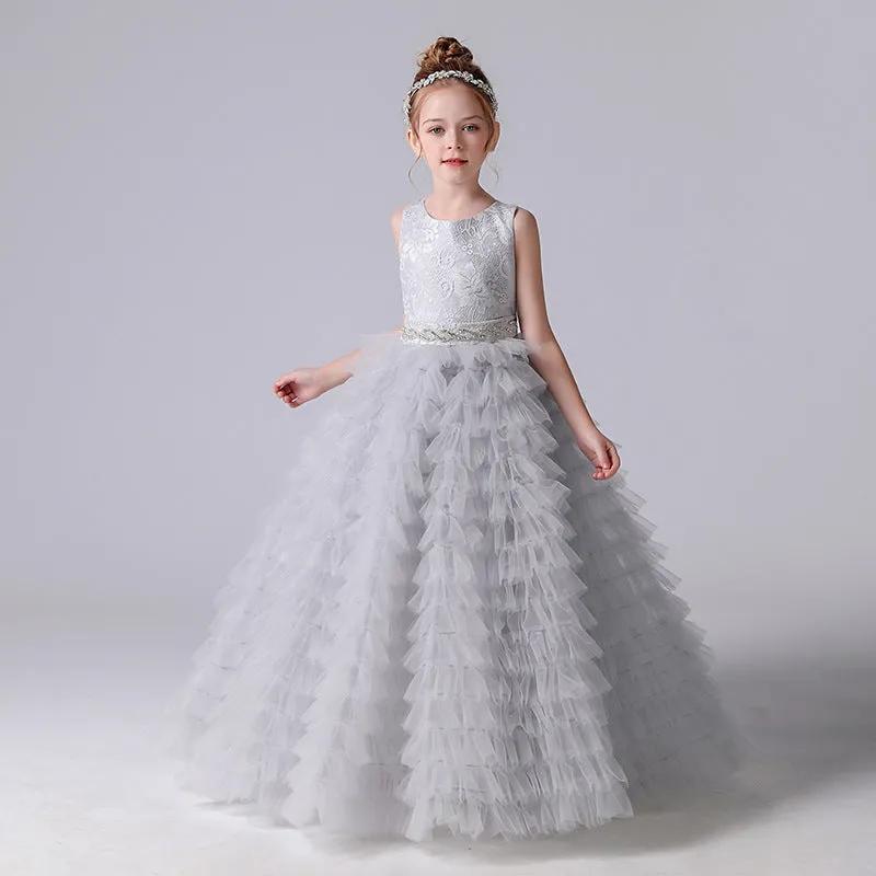 A-Line Sleeveless Tulle Layers Princess Flower Girl Gown With Belt