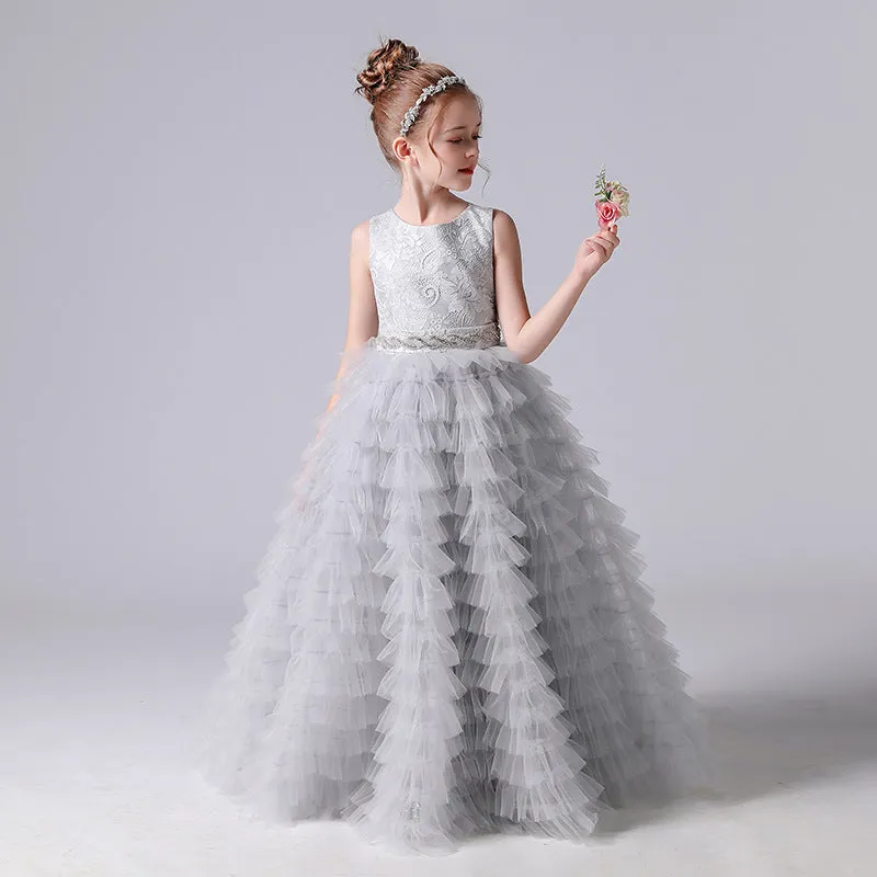 A-Line Sleeveless Tulle Layers Princess Flower Girl Gown With Belt