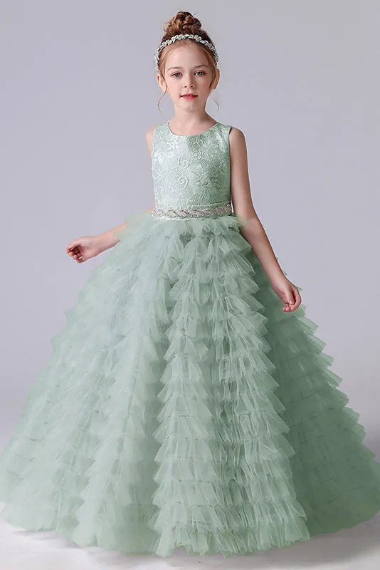 A-Line Sleeveless Tulle Layers Princess Flower Girl Gown With Belt