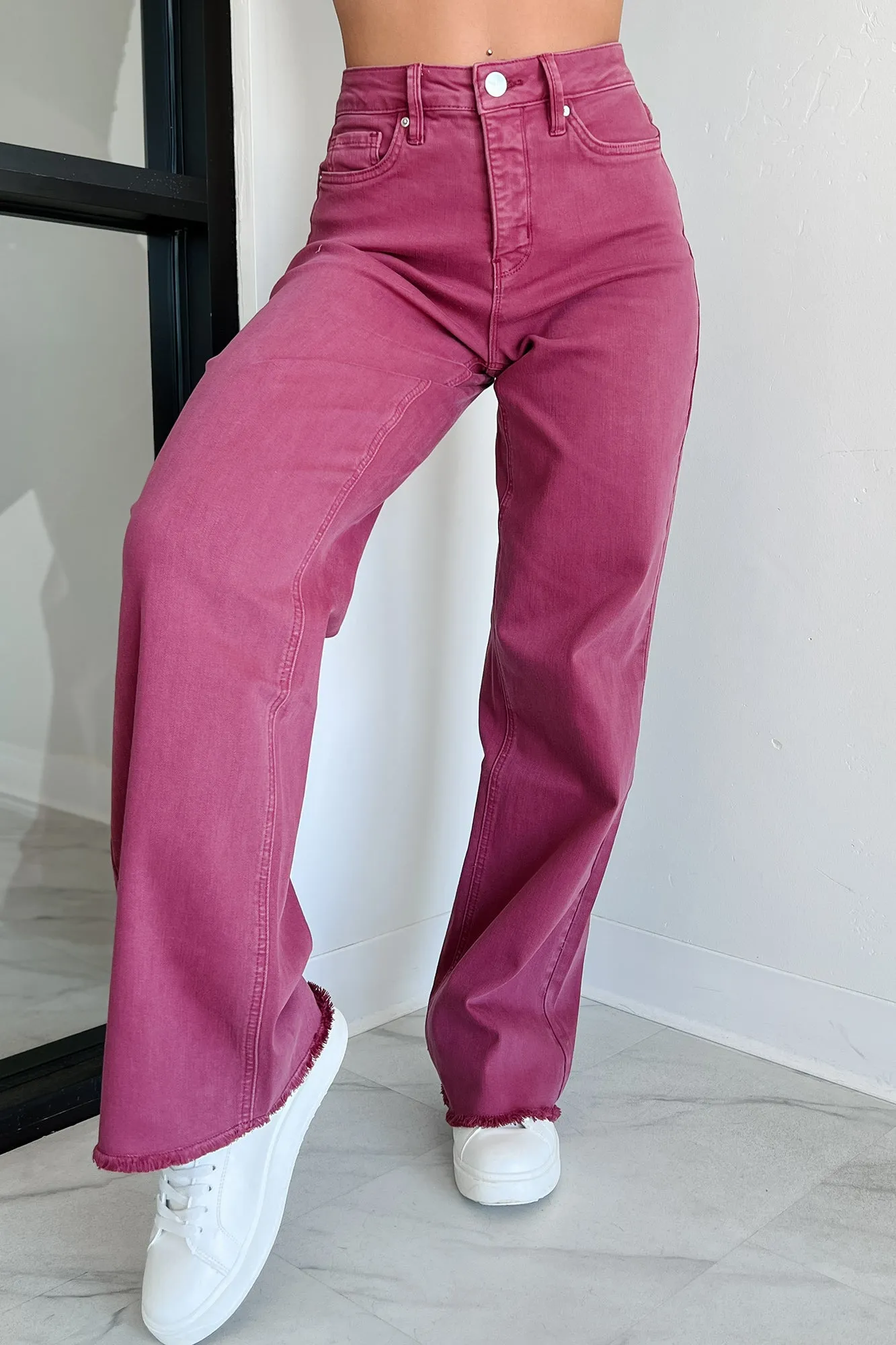 Afton Wide Leg Frayed Hem YMI Jeans (Boysenberry)