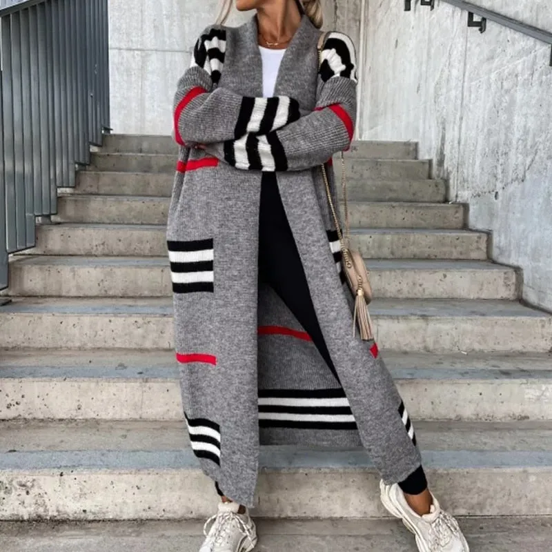 Amy Fashion - Casual Striped Color Matching Knitted Long Sweaters Cardigan