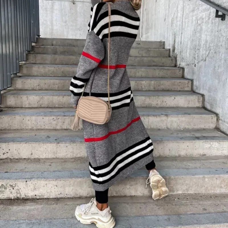 Amy Fashion - Casual Striped Color Matching Knitted Long Sweaters Cardigan