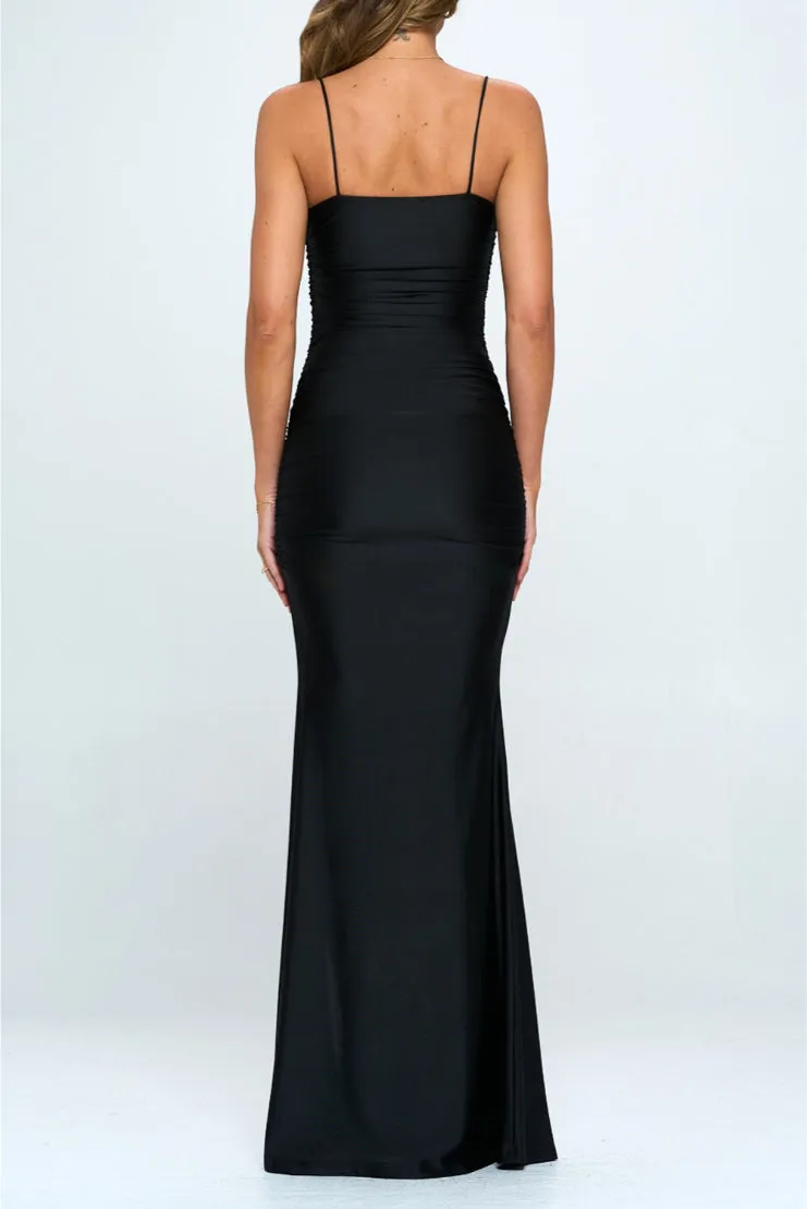 Ariel Ruched Slit Mermaid Maxi Dress - Black