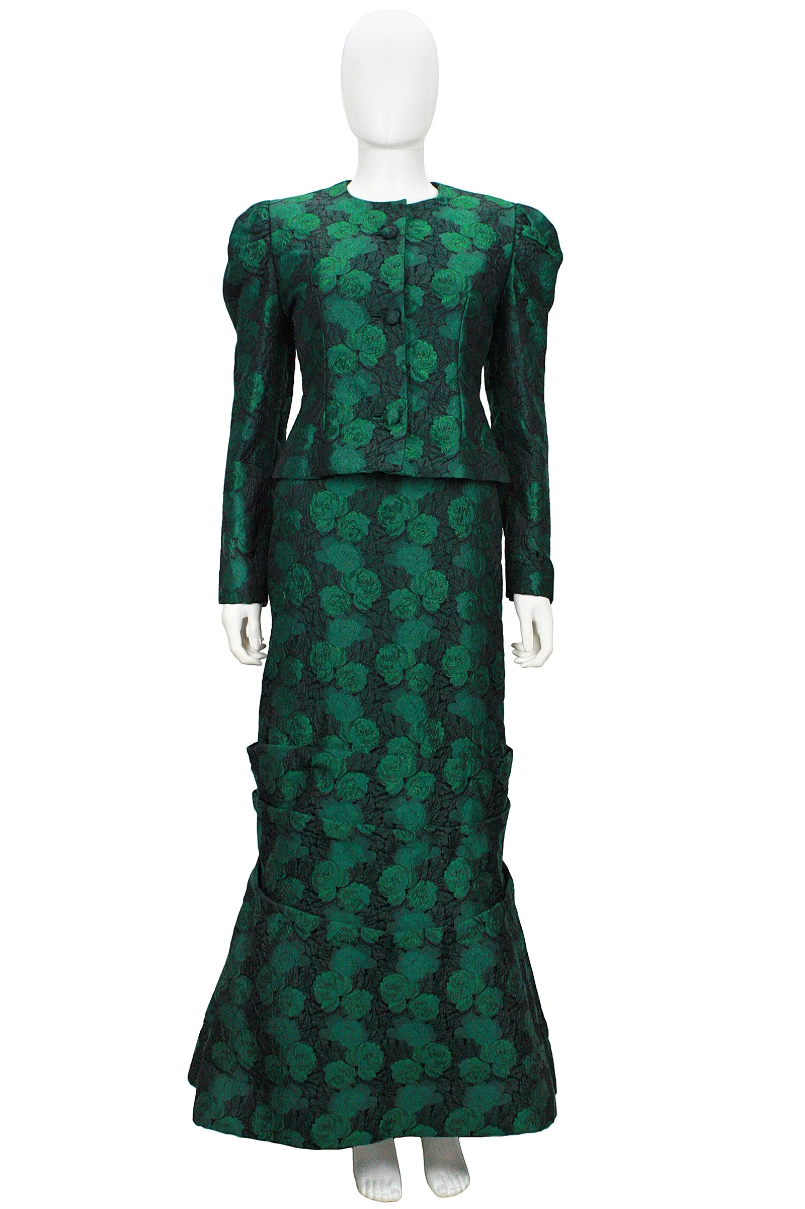 ARNOLD SCAASI 1980s Dark Green Floral Brocade Gown with Jacket