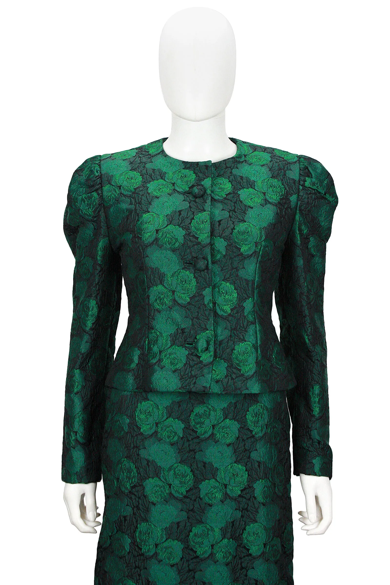 ARNOLD SCAASI 1980s Dark Green Floral Brocade Gown with Jacket