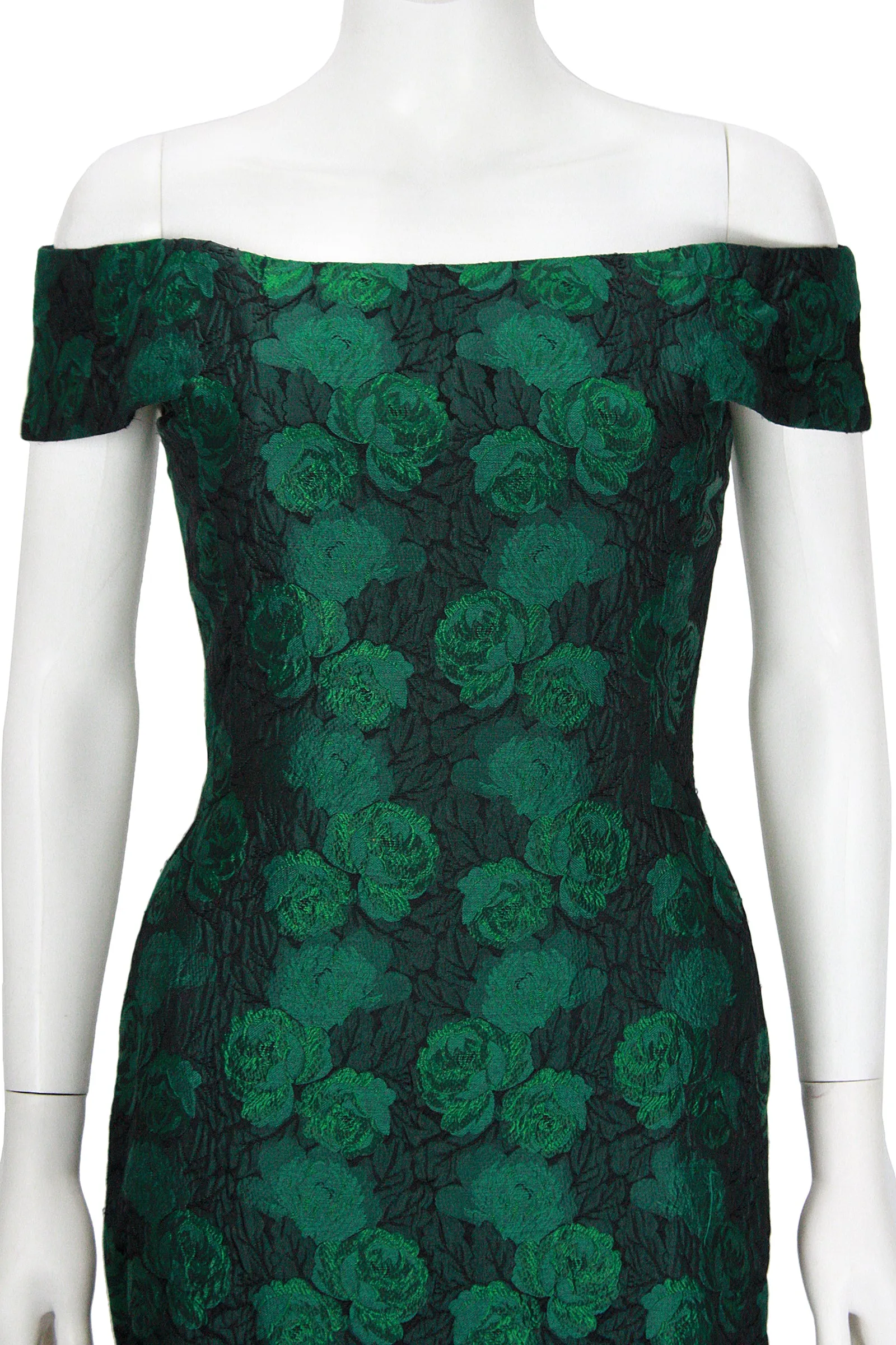 ARNOLD SCAASI 1980s Dark Green Floral Brocade Gown with Jacket