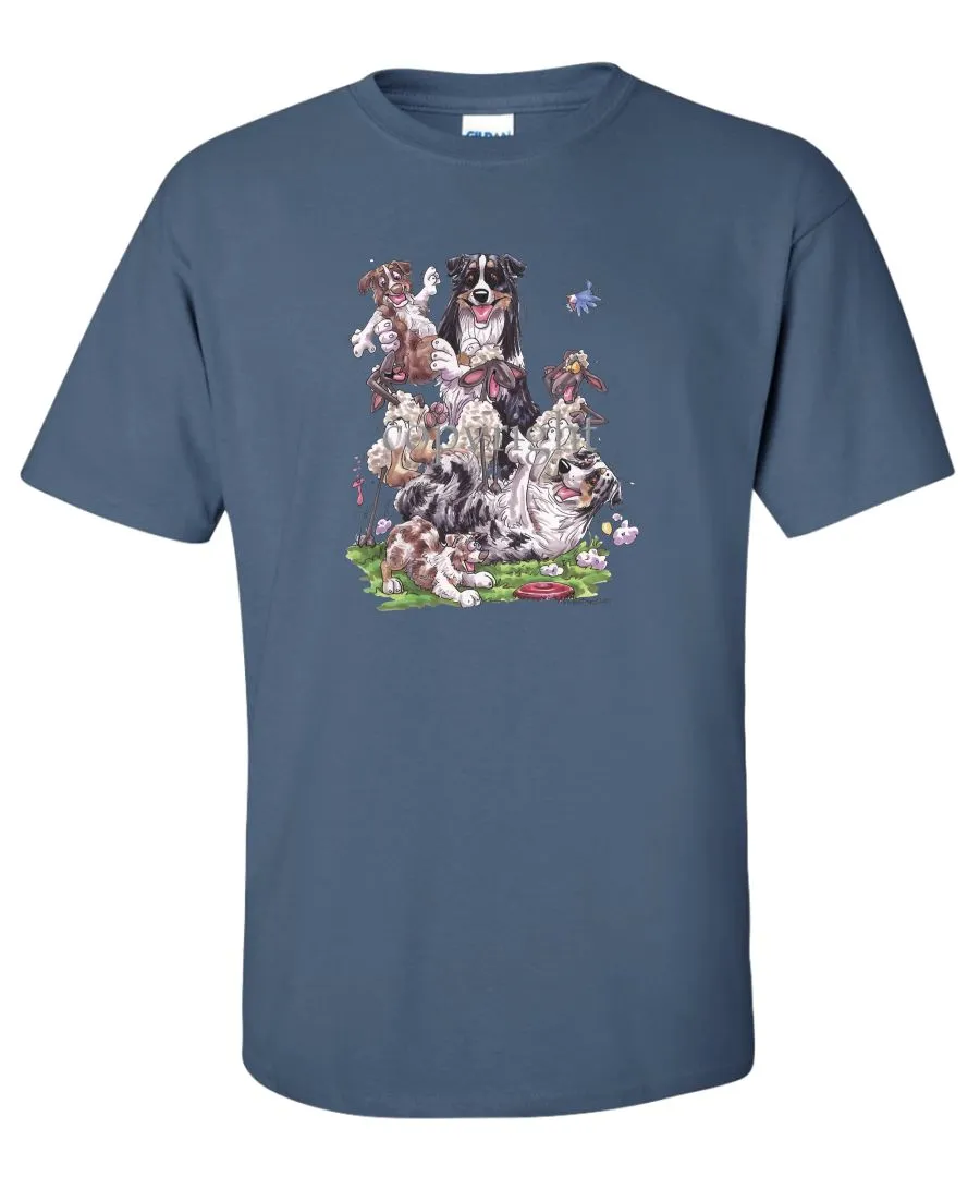 Australian Shepherd - Group Sheep And Puppies - Caricature - T-Shirt