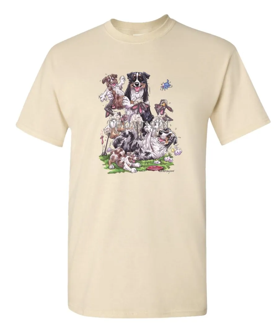 Australian Shepherd - Group Sheep And Puppies - Caricature - T-Shirt