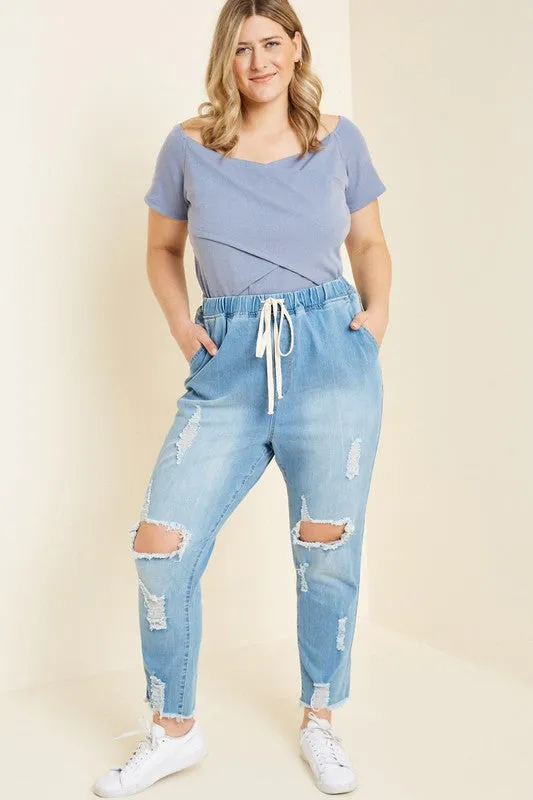 #B119 Summer Distressed Drawstring Jeans