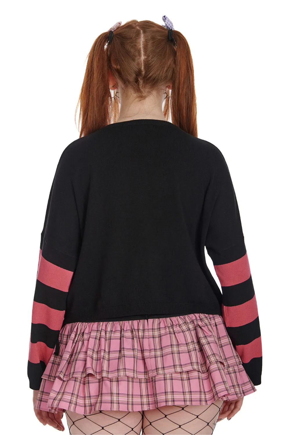 Banned Miki Skull Jumper in Black and Pink Knitted Stripe Sleeves