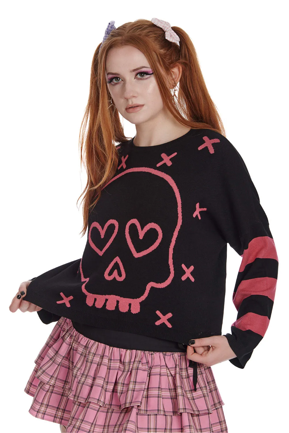 Banned Miki Skull Jumper in Black and Pink Knitted Stripe Sleeves