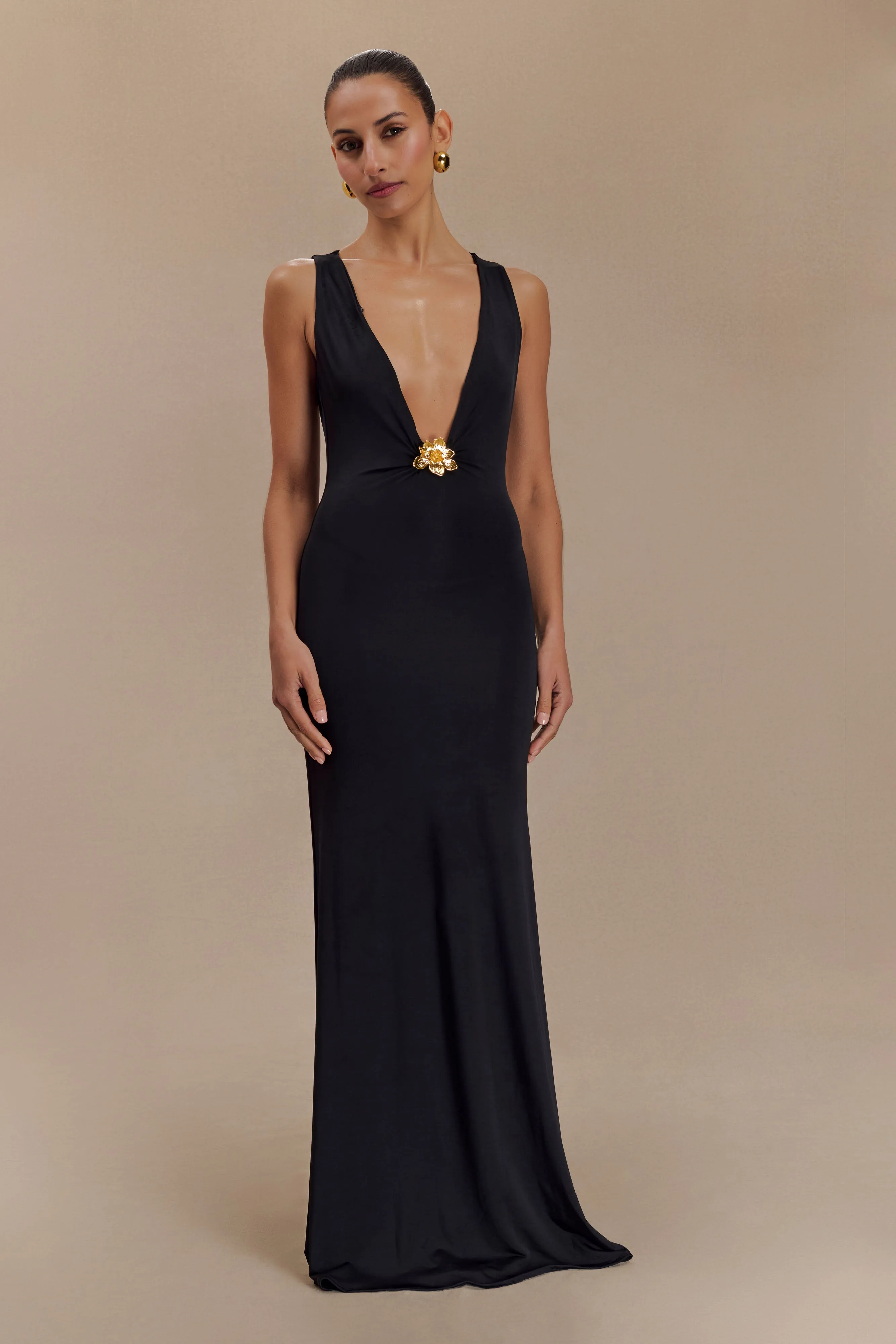 Beck Plunge Maxi Dress With Floral Hardware - Black