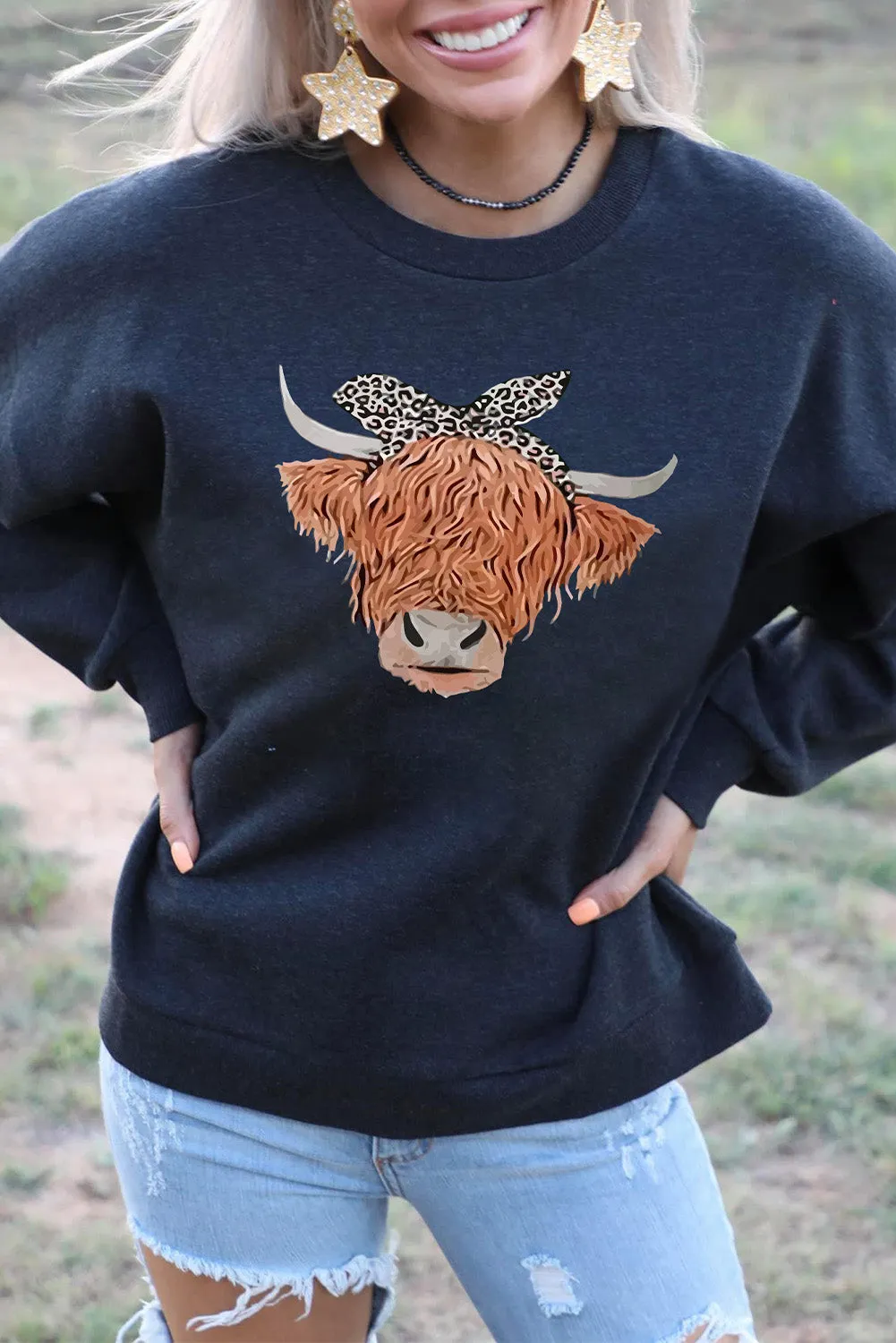 Black Animal Print Headband Cow Sweatshirt