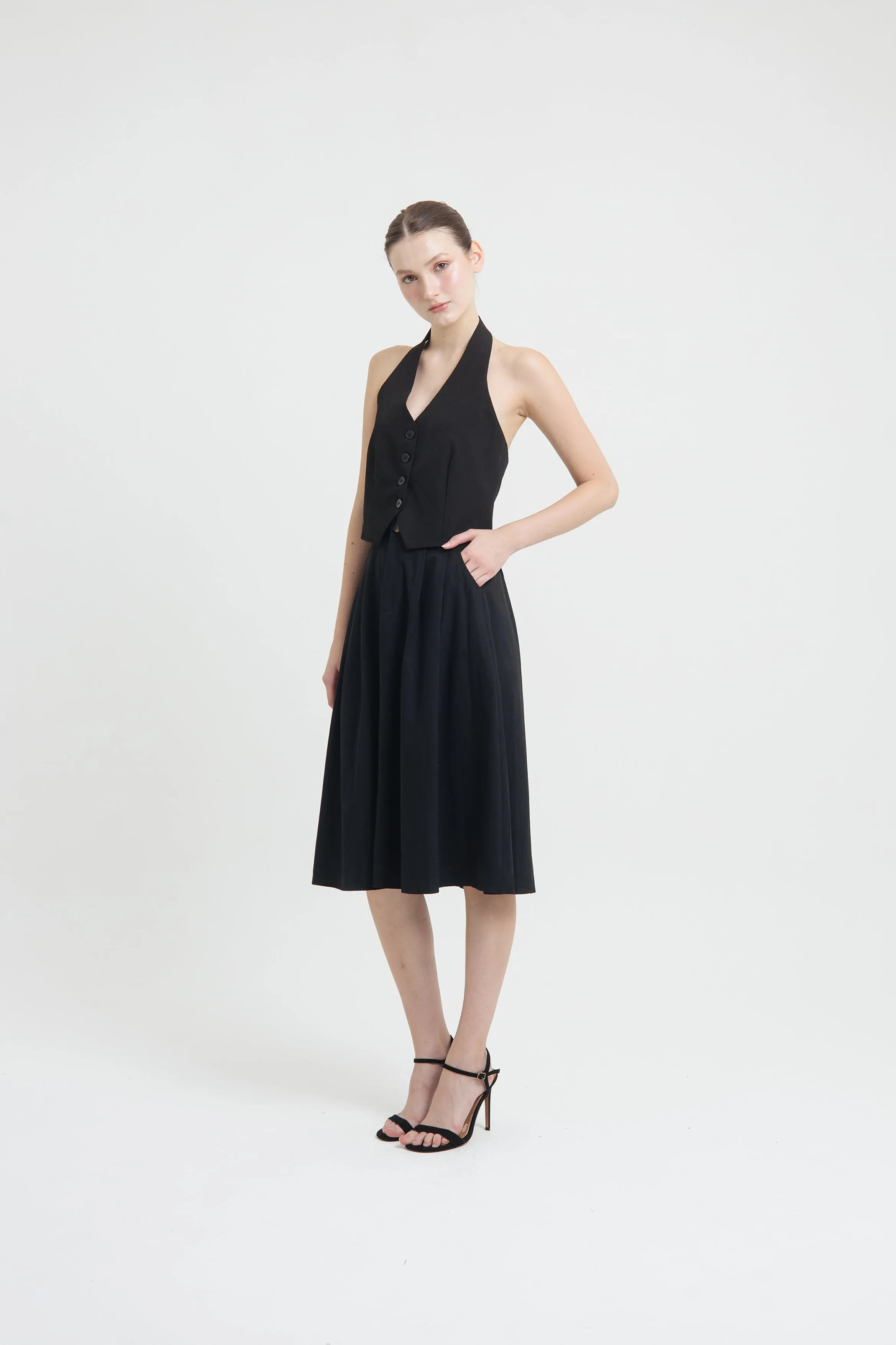 Black Button Midi A-Line Skirt