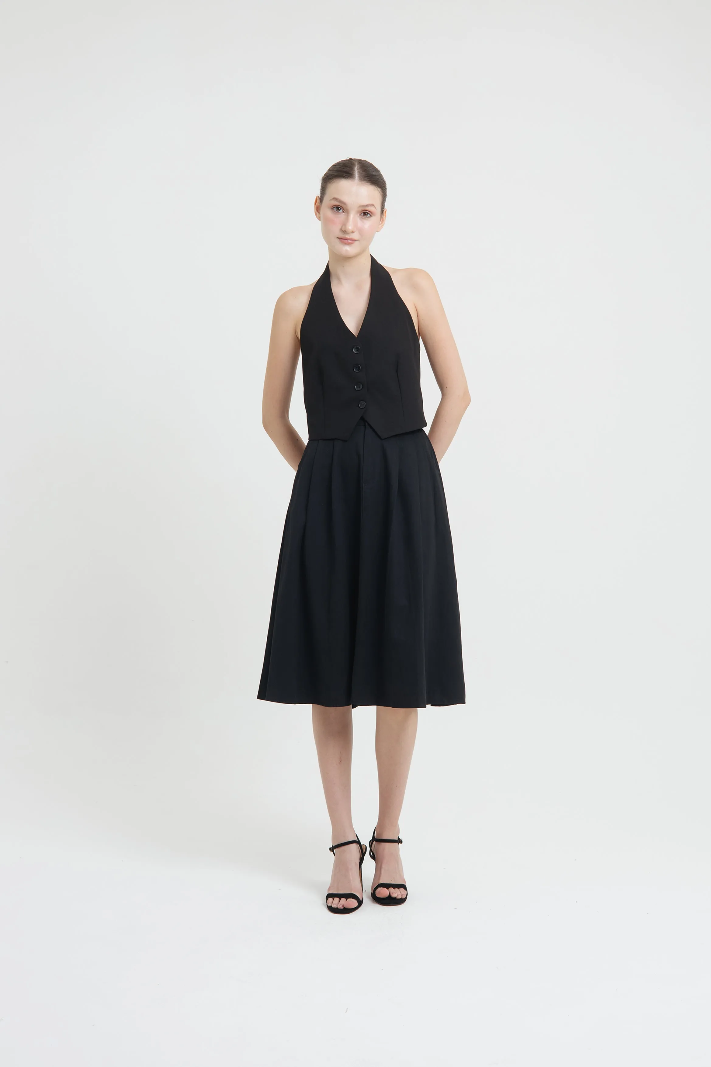 Black Button Midi A-Line Skirt