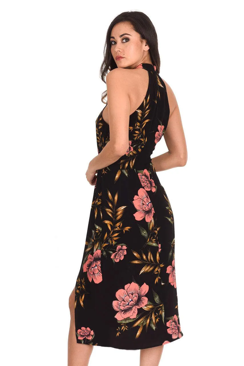 Black Floral Wrap Skirt Dress