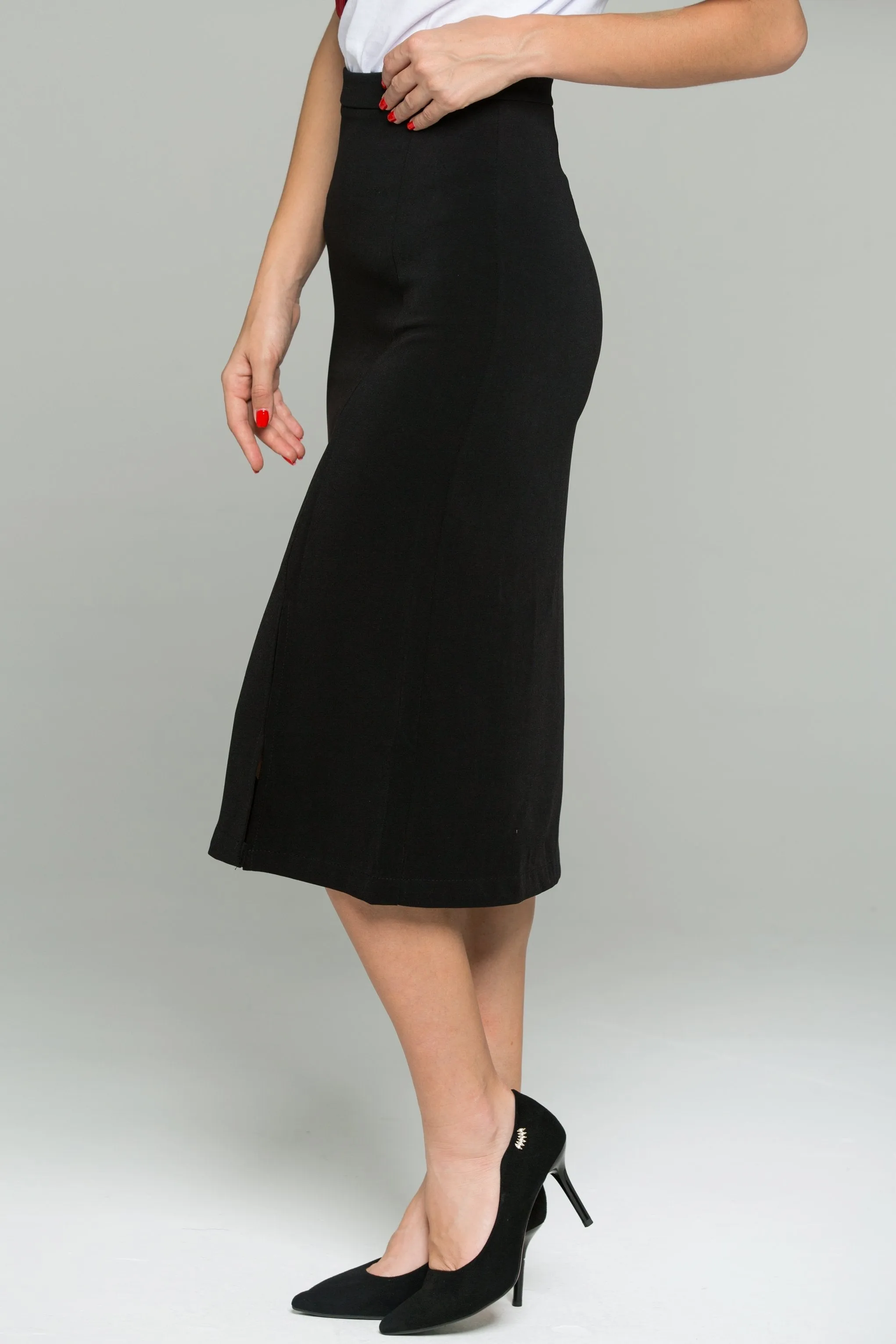 Black Linen Front Side Slit Pencil Skirt