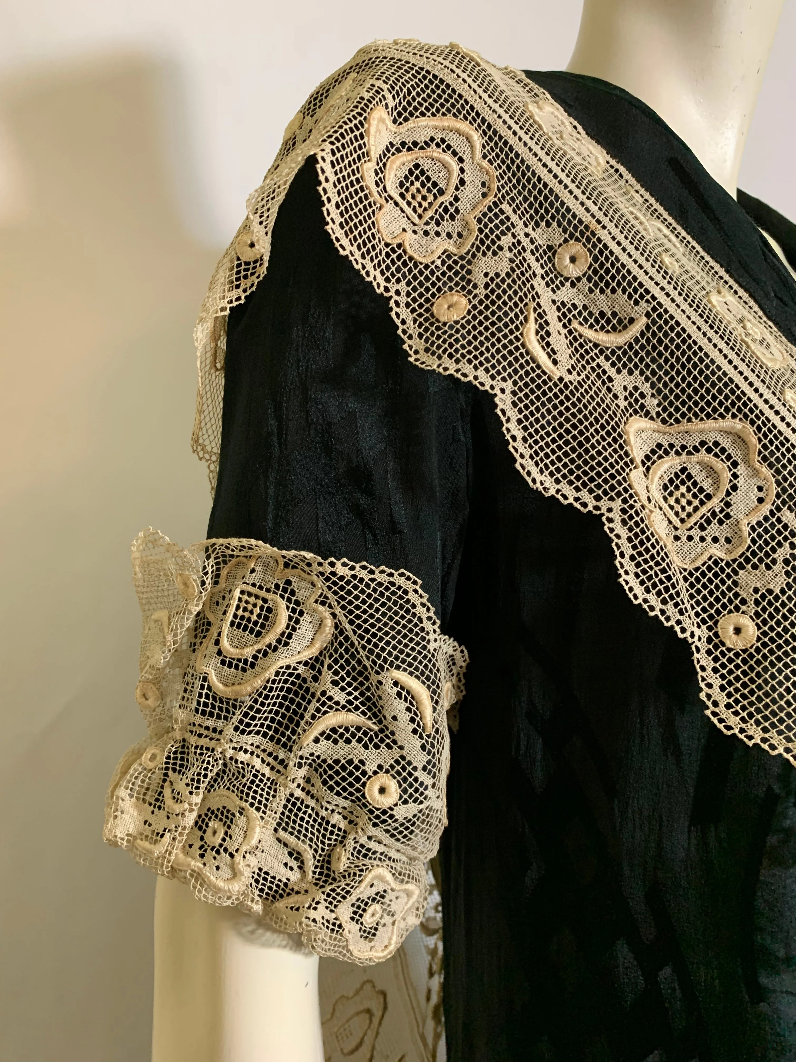 Black Silk Dropped Waist Dress with Wide Lace Trim circa 1920s