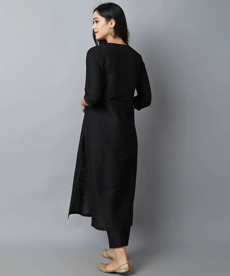 Black Textured Silk Sonapani Kurta & Pants Set