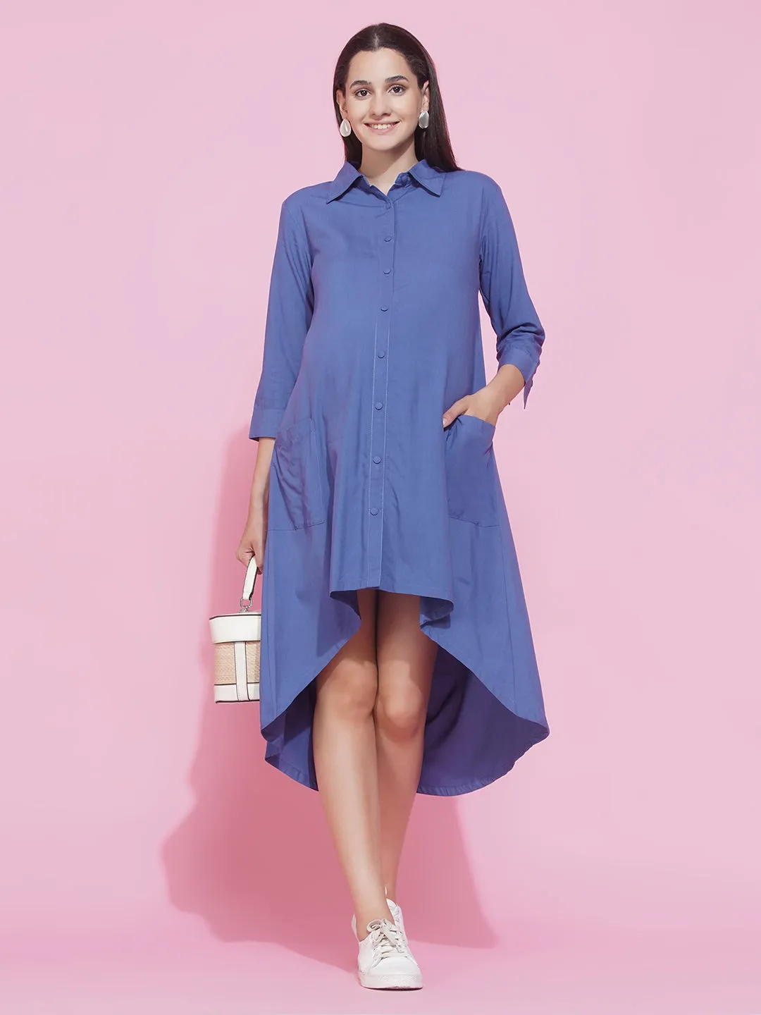 Blue Collar Shirt Maternity and Nursing Midi dress