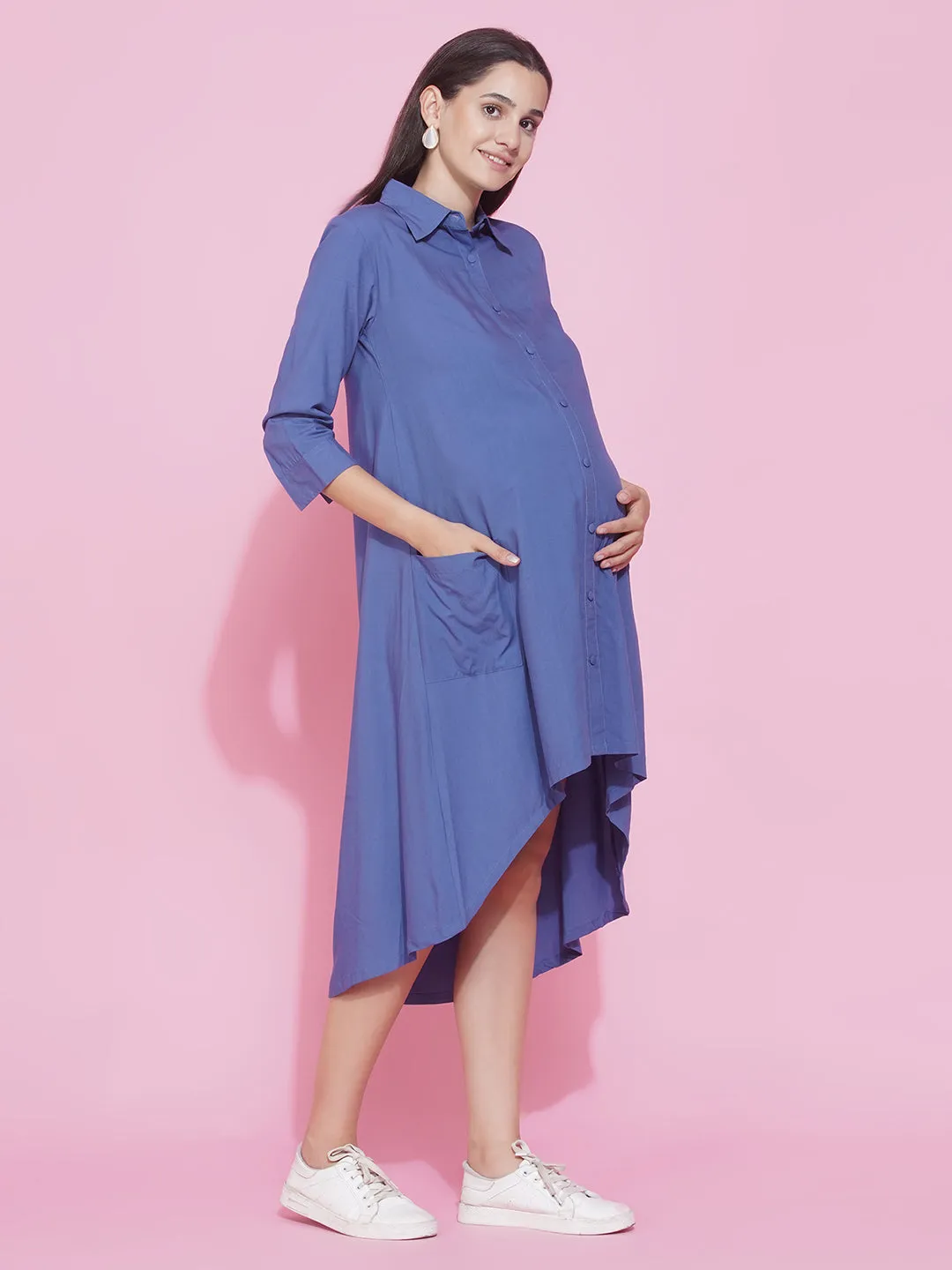 Blue Collar Shirt Maternity and Nursing Midi dress