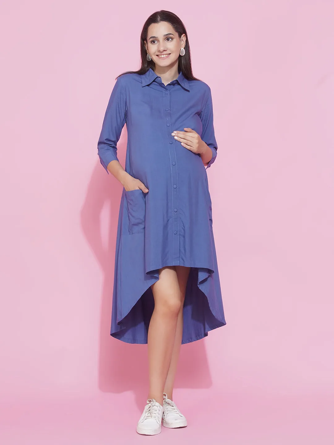 Blue Collar Shirt Maternity and Nursing Midi dress