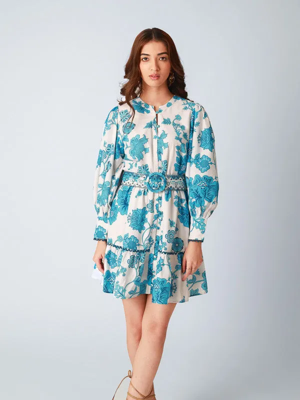 Blue Floral Print Regular Fit Skater Mini Dress