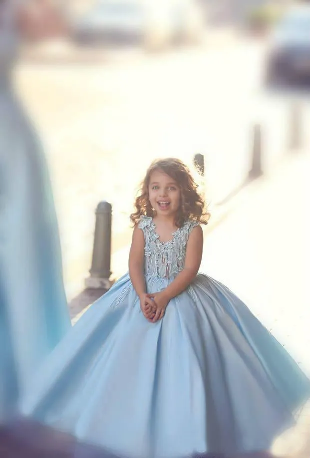 Blue Satin Lace Ball Gown Flower Girl Dresses, FGS054