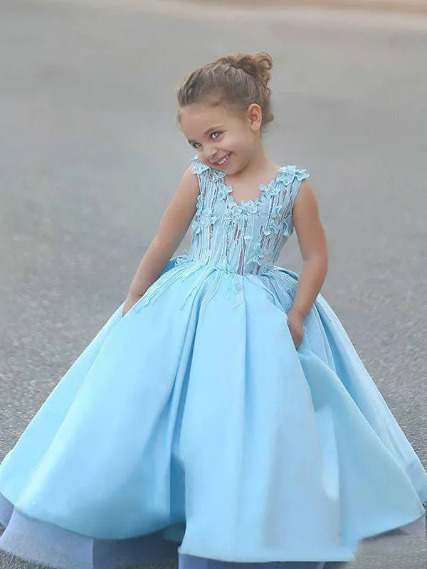 Blue Satin Lace Ball Gown Flower Girl Dresses, FGS054